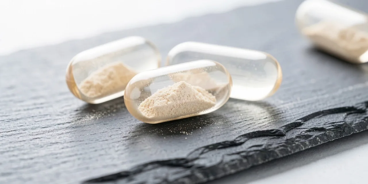 Translucent supplement capsules on dark surface