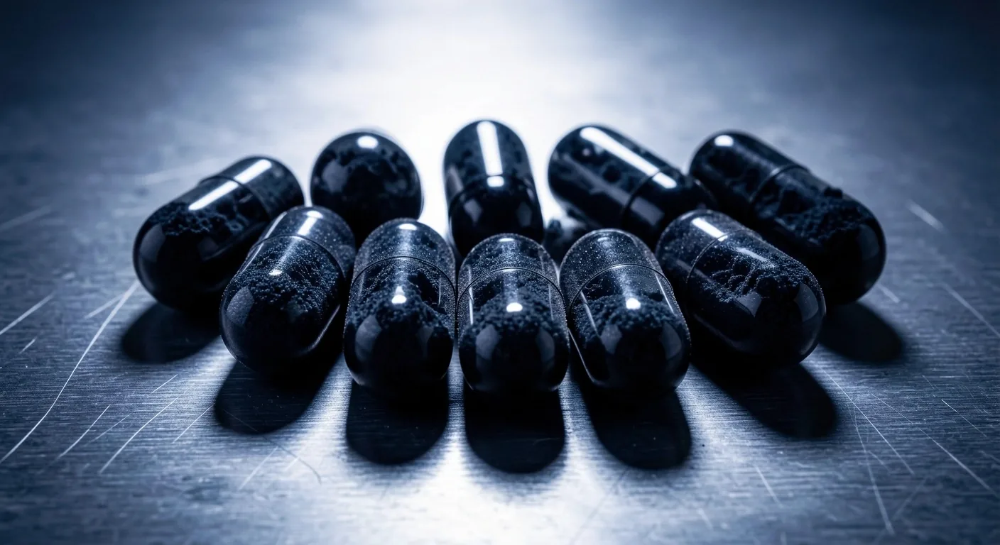 Close-up of natural supplement capsules on a metal surface