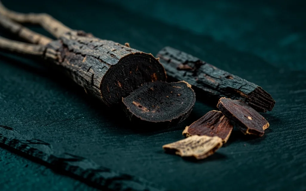 Dark botanical root ingredients on stone