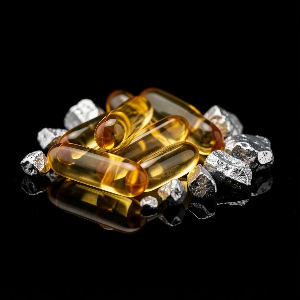 Vitamin E capsules and selenium crystals on dark surface