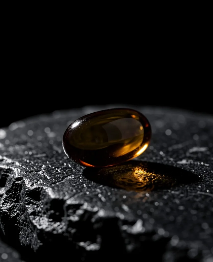 Macro view of a gel capsule on a dark surface