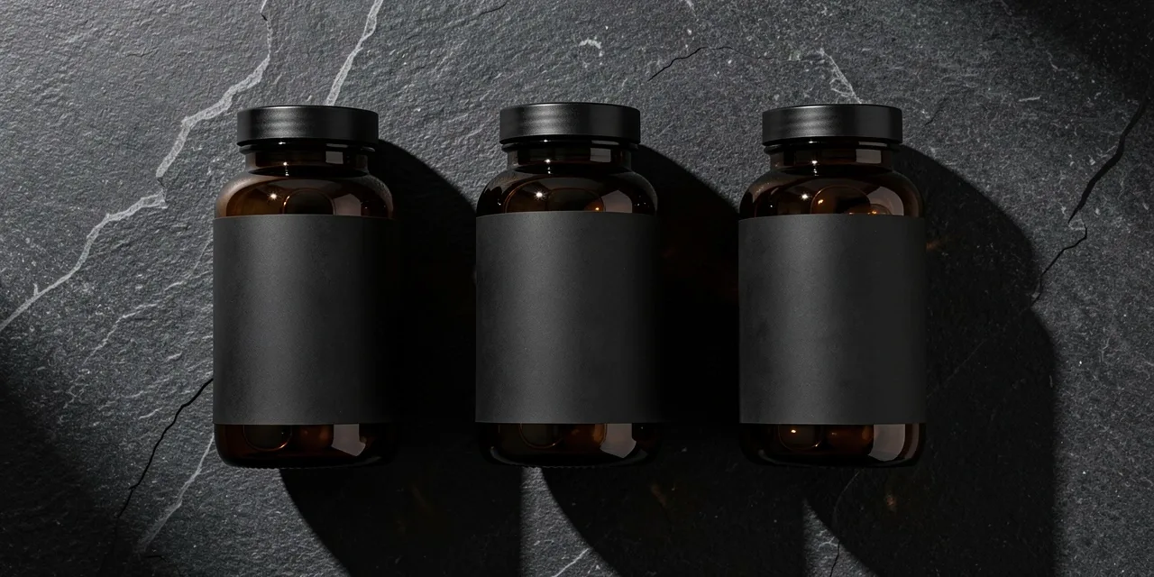 Properly stored supplement bottles on a dark surface